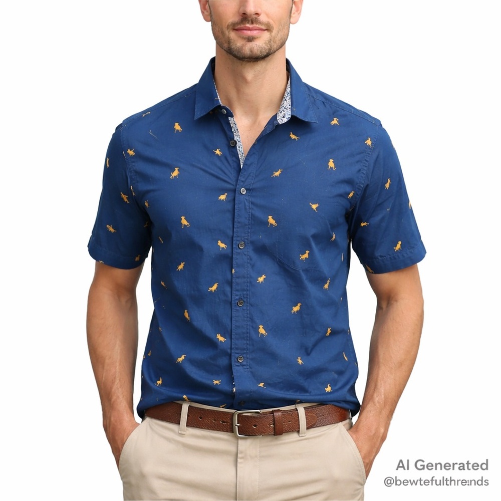 Denim & Flower Slim Fit Dog Print Button-Up Shirt Blue Men’s XL